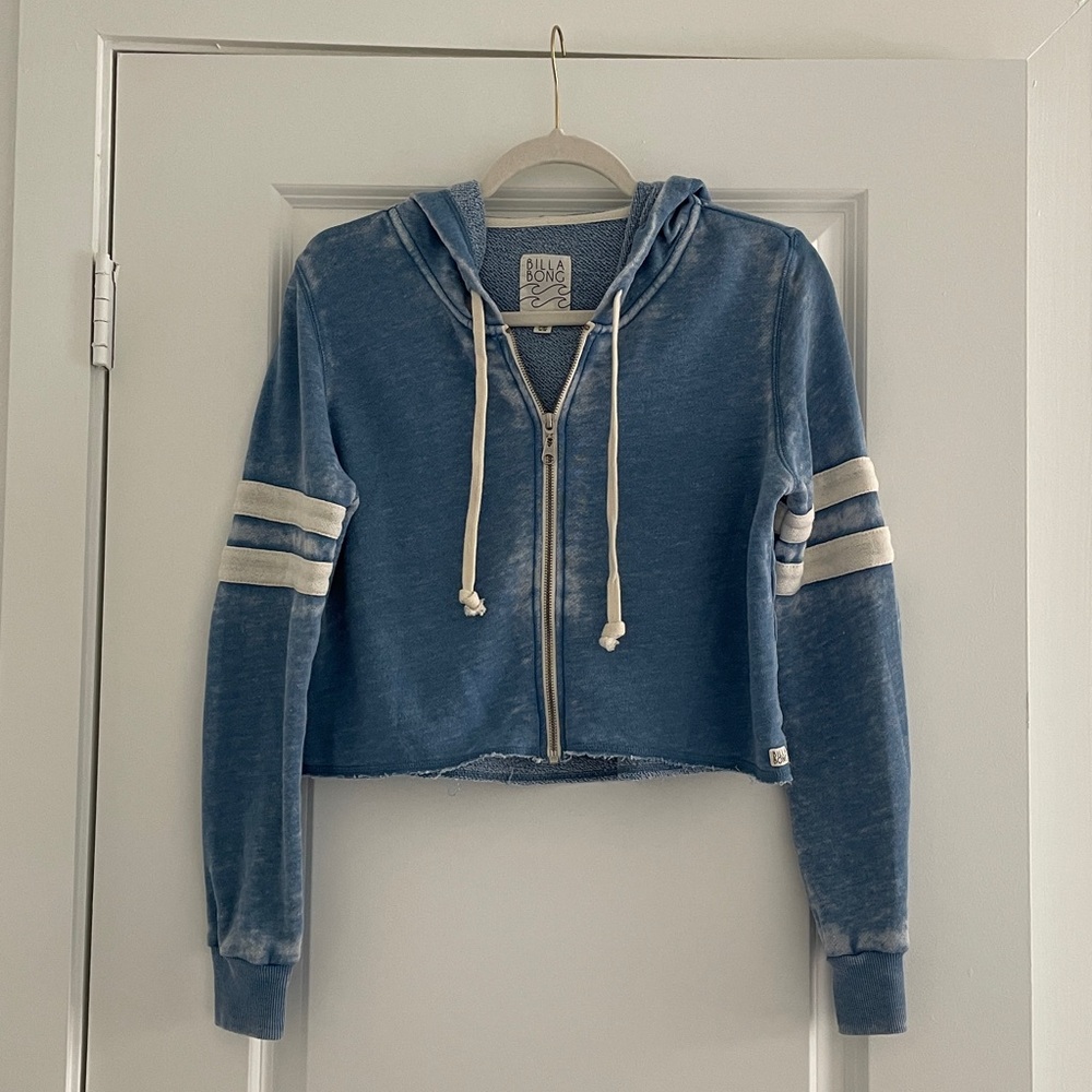 Billabong Burnout Crop Hoodie Washed Look Zip Up Sweatshirt Coastal Beach Blue
